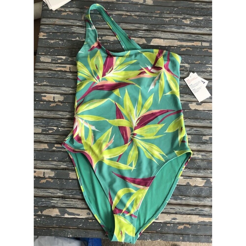 NWT Old Navy Printed One-Shoulder Swimsuit Tropic Days Sz M Vacation UPF 40
